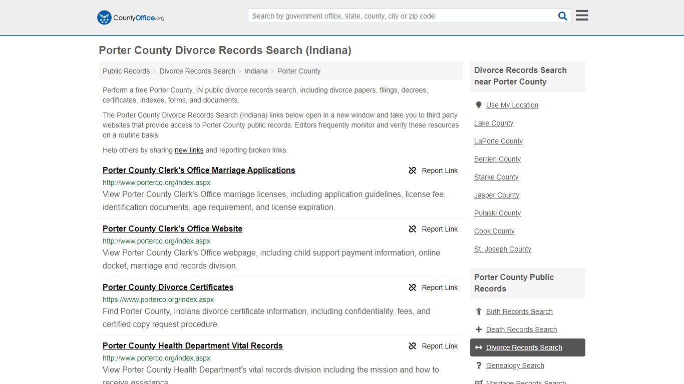 Porter County Divorce Records Search (Indiana) - County Office